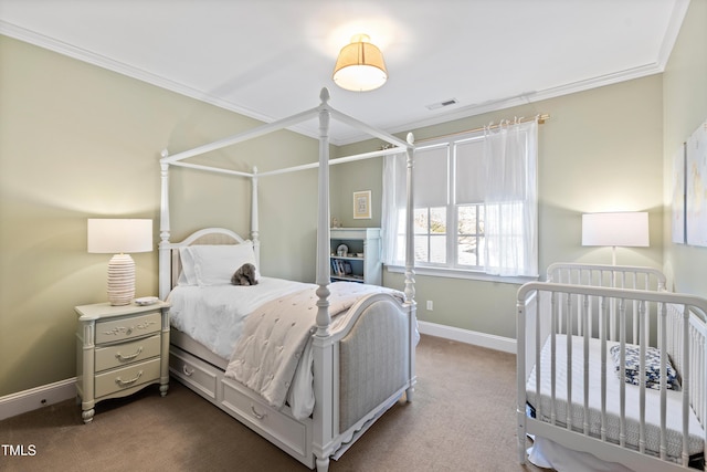 bedroom with dark carpet, visible vents, crown molding, and baseboards