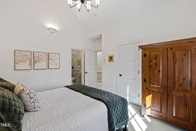 bedroom with light carpet, high vaulted ceiling, and a notable chandelier