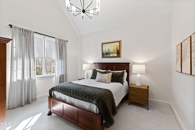 bedroom featuring high vaulted ceiling, light carpet, a notable chandelier, and baseboards