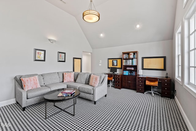 living room featuring carpet, baseboards, high vaulted ceiling, and recessed lighting