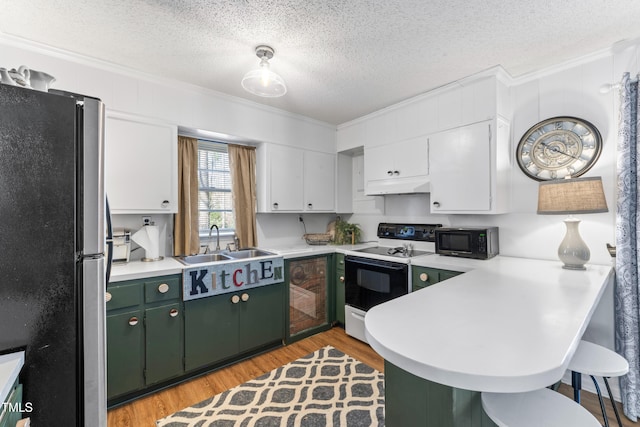 kitchen with green cabinets, electric range oven, freestanding refrigerator, a sink, and black microwave