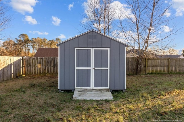 view of shed with a fenced backyard