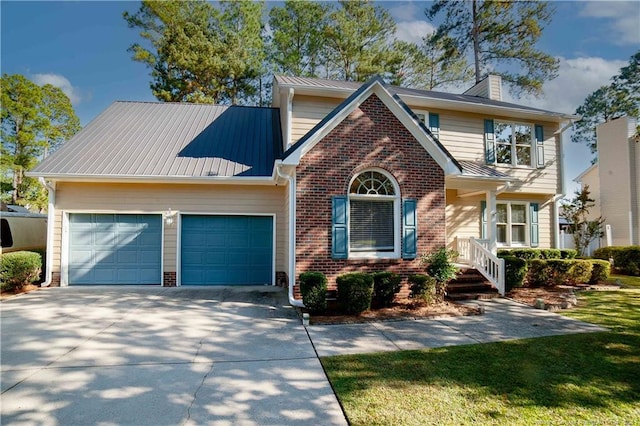 view of front facade featuring driveway, a garage, a chimney, and brick siding