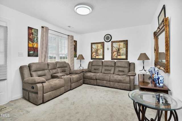 living area featuring light carpet and visible vents