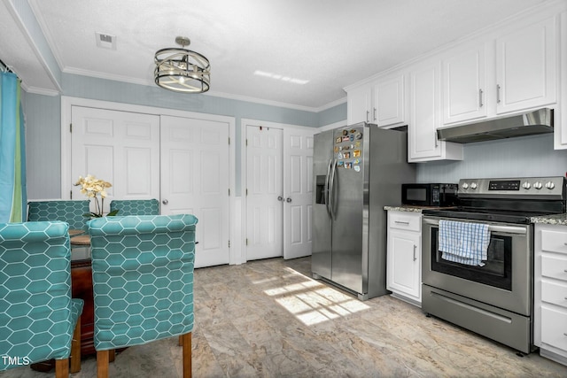 kitchen featuring stainless steel appliances, white cabinets, ornamental molding, and under cabinet range hood