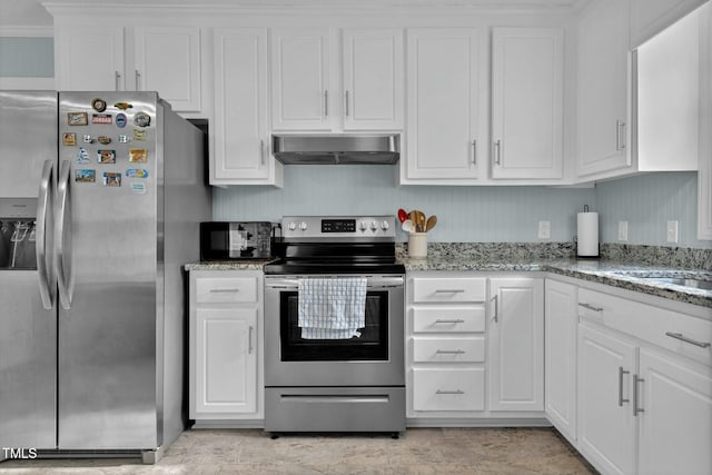 kitchen with appliances with stainless steel finishes, exhaust hood, light stone countertops, and white cabinets