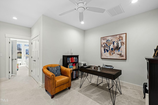 office area with recessed lighting, visible vents, and light colored carpet