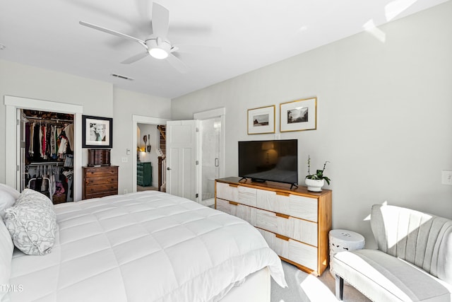 bedroom featuring a closet, visible vents, and a ceiling fan