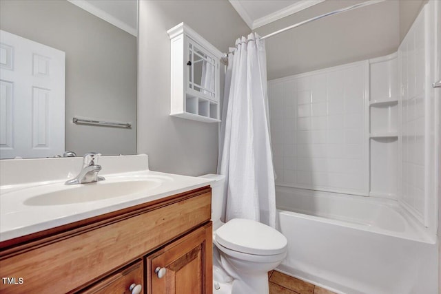 bathroom featuring tile patterned flooring, toilet, shower / tub combo with curtain, ornamental molding, and vanity