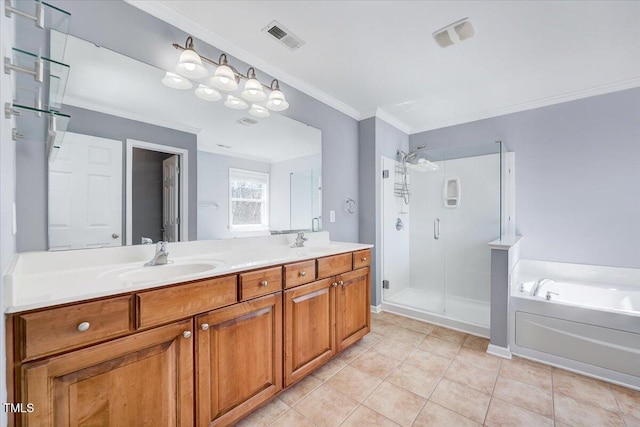 bathroom with a sink, visible vents, a stall shower, and crown molding