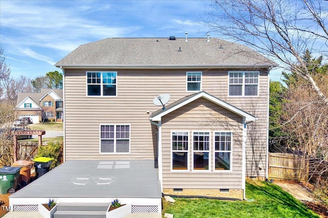 back of house featuring crawl space, a wooden deck, a shingled roof, and fence