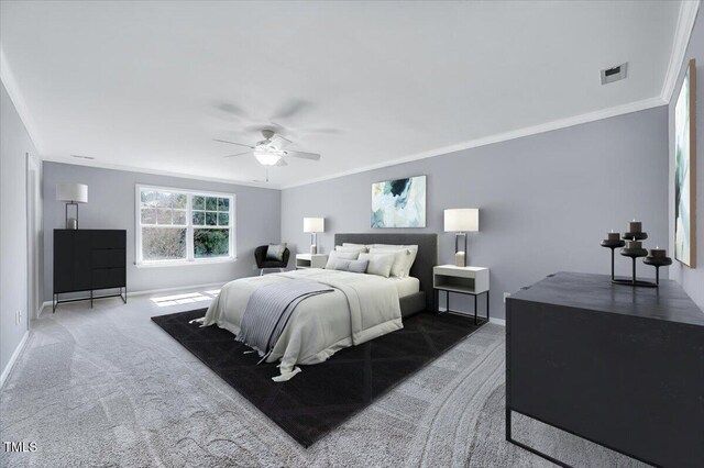 carpeted bedroom featuring ceiling fan, visible vents, baseboards, and ornamental molding