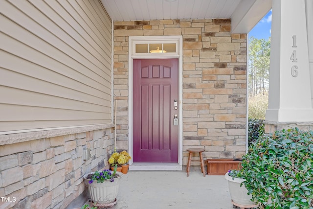 property entrance with stone siding