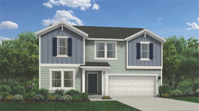 view of front of property with concrete driveway, board and batten siding, an attached garage, and roof with shingles