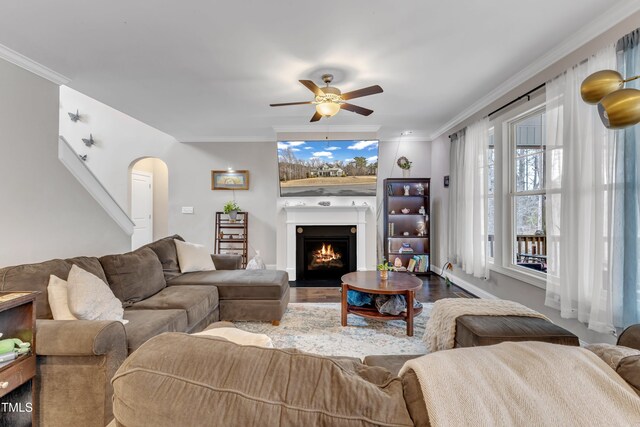 living area featuring ornamental molding, arched walkways, a warm lit fireplace, and wood finished floors