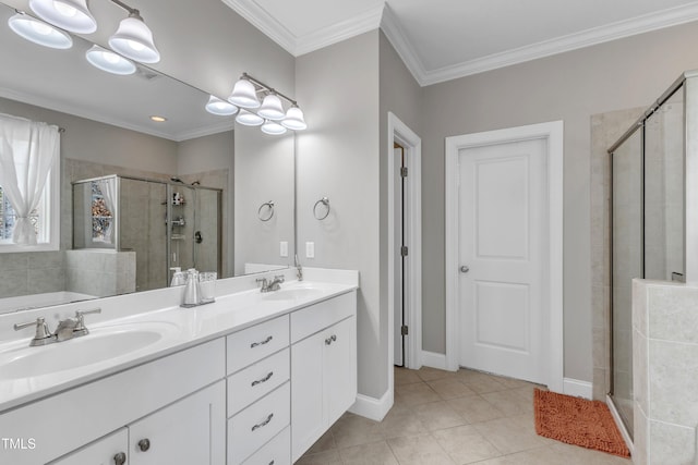 bathroom featuring tile patterned flooring, a sink, a shower stall, and double vanity