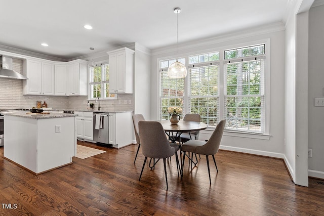 kitchen featuring electric stove, crown molding, decorative backsplash, dishwasher, and wall chimney exhaust hood