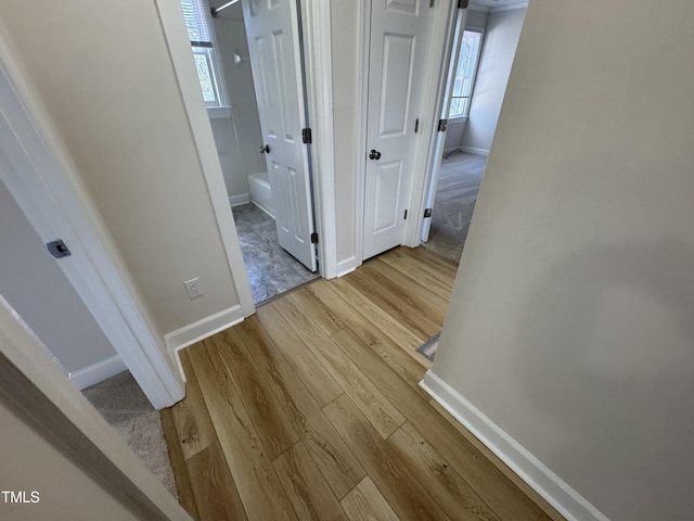 corridor featuring baseboards and wood finished floors