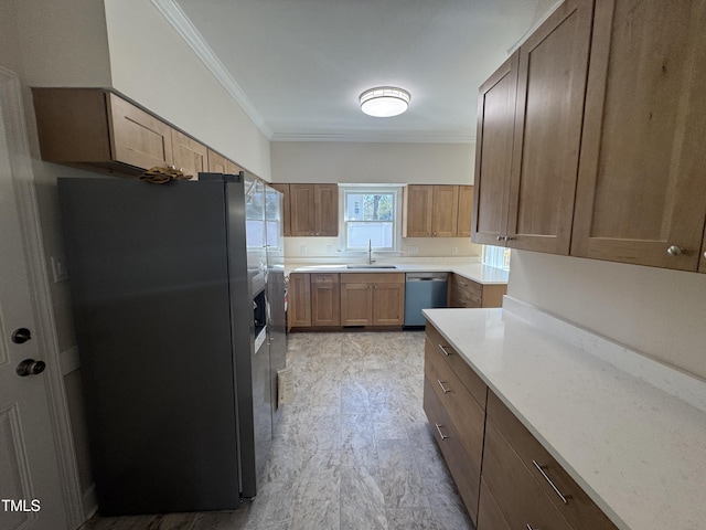 kitchen featuring appliances with stainless steel finishes, ornamental molding, light stone counters, and a sink