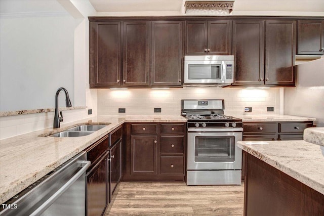 kitchen with stainless steel appliances, backsplash, light wood-style floors, a sink, and light stone countertops