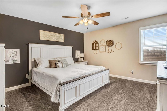 301 Stonebridge Dr, Pikeville, NC 27863 - bedroom with baseboards, visible vents, dark colored carpet, and a ceiling fan