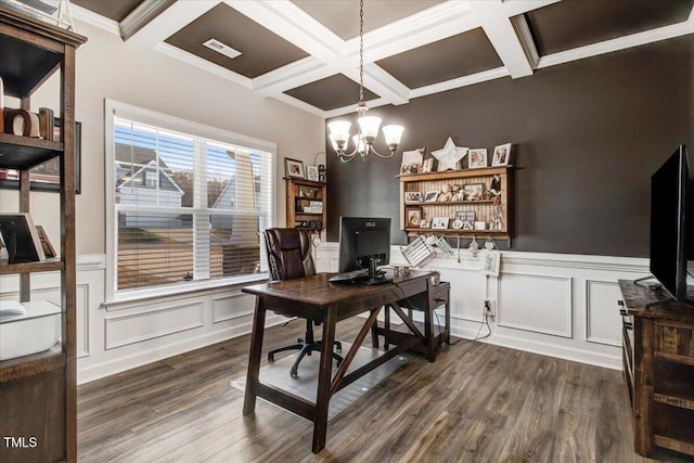 301 Stonebridge Dr, Pikeville, NC 27863 - office space with a chandelier, dark wood-style flooring, coffered ceiling, and beamed ceiling