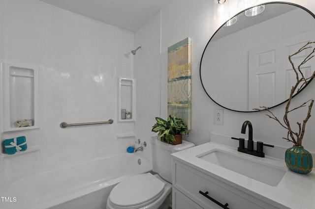 full bathroom with toilet, vanity, and bathing tub / shower combination