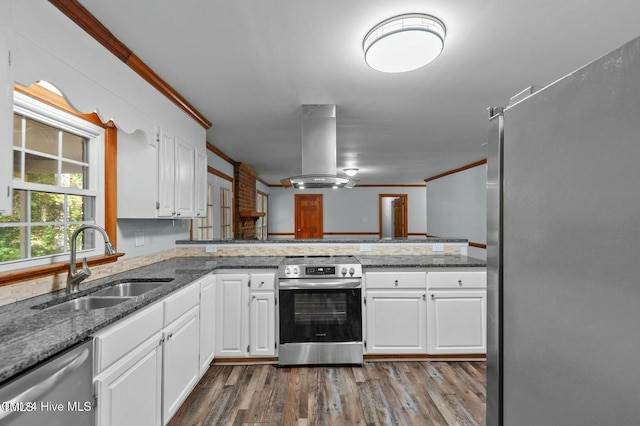 kitchen featuring white cabinets, island exhaust hood, stainless steel appliances, and a sink