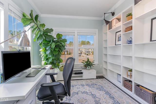 home office with a wealth of natural light and crown molding