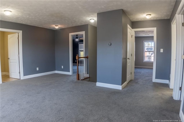 spare room with a textured ceiling, baseboards, and carpet flooring