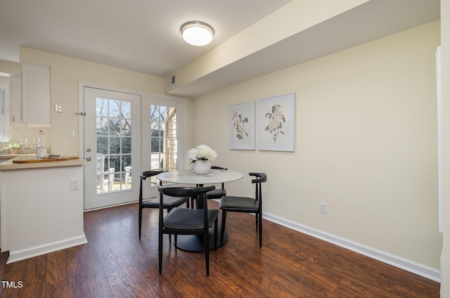 dining room featuring visible vents, baseboards, and dark wood finished floors