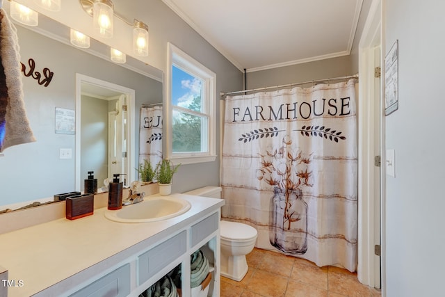 bathroom featuring a shower with shower curtain, toilet, ornamental molding, vanity, and tile patterned flooring