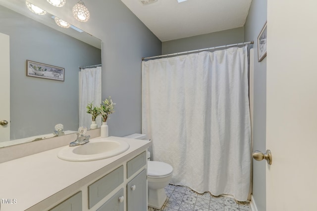 full bath with toilet, visible vents, and vanity