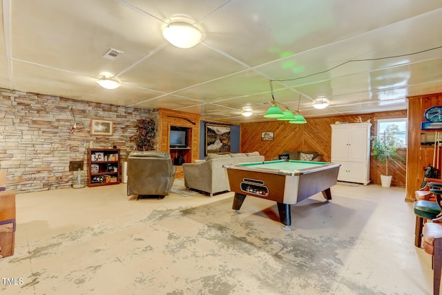 recreation room featuring wood walls, billiards, concrete floors, and visible vents