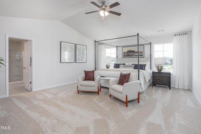 bedroom featuring lofted ceiling, light carpet, visible vents, and baseboards