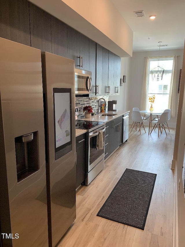 kitchen with stainless steel appliances, a sink, visible vents, light countertops, and pendant lighting