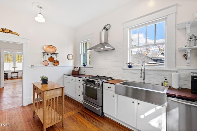 kitchen featuring stainless steel appliances, wall chimney exhaust hood, wood-type flooring, and a sink