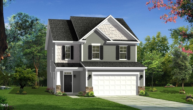 view of front of house with concrete driveway, an attached garage, a front yard, a standing seam roof, and stone siding