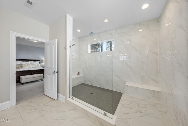 ensuite bathroom featuring ensuite bathroom, recessed lighting, visible vents, marble finish floor, and walk in shower