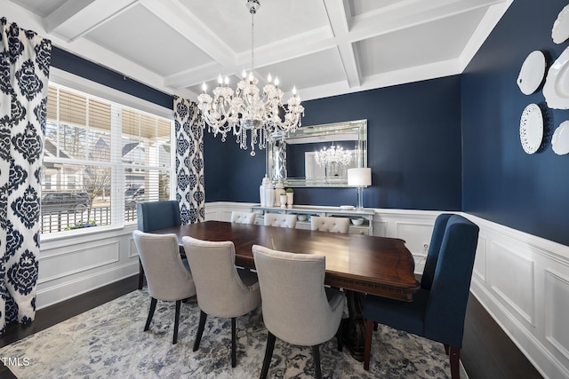 dining room featuring a wainscoted wall, beamed ceiling, and wood finished floors