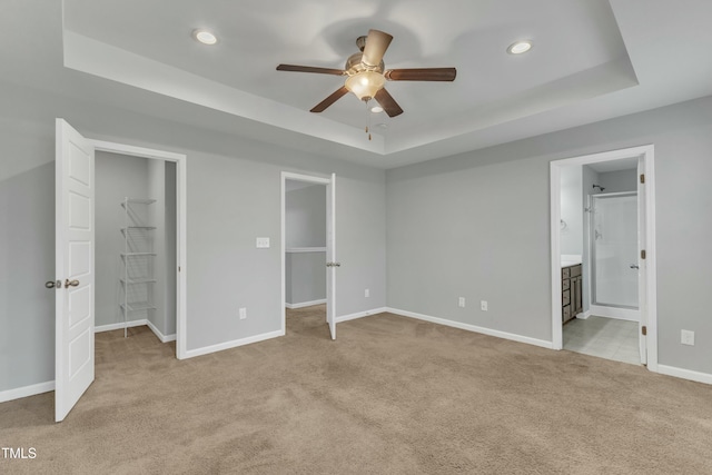 unfurnished bedroom with carpet floors, a tray ceiling, a spacious closet, and baseboards