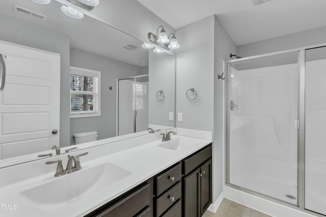 full bathroom with toilet, a shower stall, visible vents, and a sink