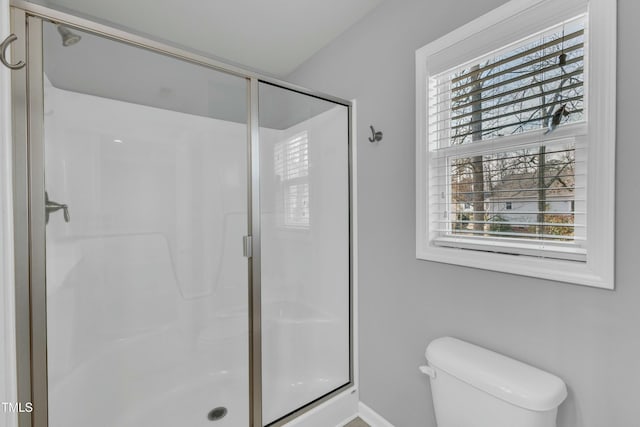 bathroom with a shower stall and toilet