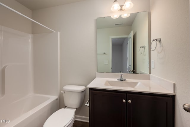 full bathroom featuring toilet, shower / bath combination, visible vents, and vanity