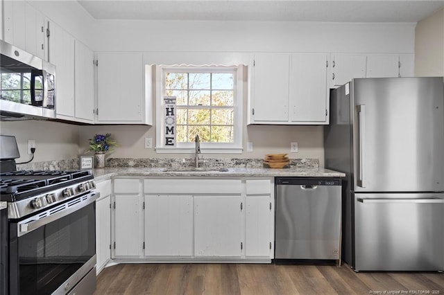 kitchen with dark wood-style floors, white cabinetry, appliances with stainless steel finishes, and a sink