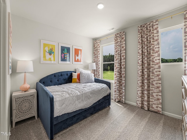 bedroom with recessed lighting, carpet, visible vents, and baseboards