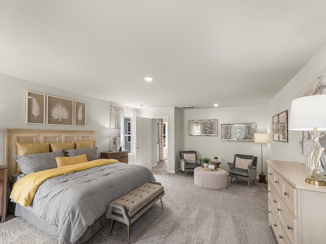 bedroom featuring carpet floors, recessed lighting, and visible vents