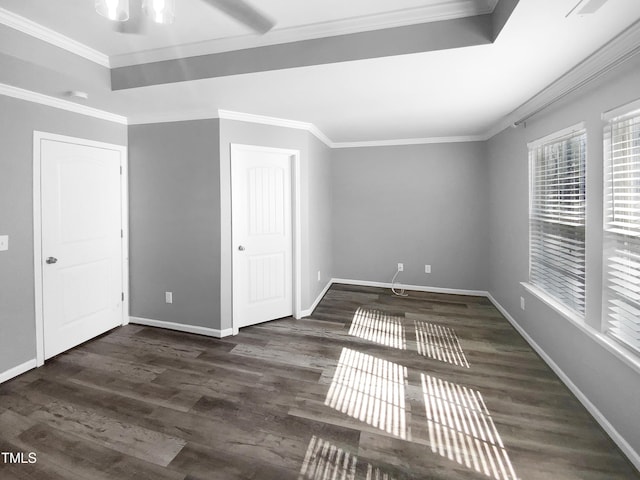 interior space with dark wood-style floors, a raised ceiling, and crown molding