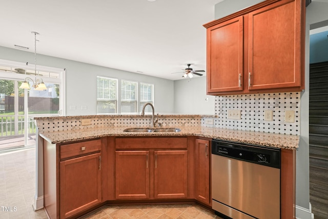 4508 Brintons Cottage St, Raleigh, NC 27616 - kitchen featuring stainless steel dishwasher, a sink, ceiling fan, light stone countertops, and backsplash