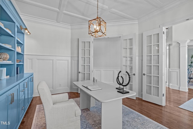 office space with dark wood-style floors, a decorative wall, french doors, and coffered ceiling